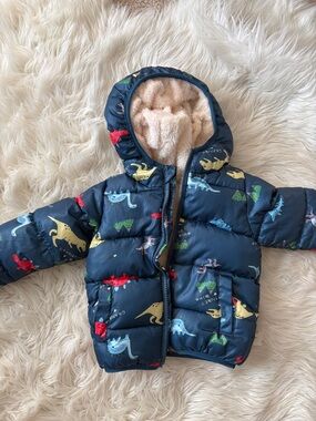 Kids Navy Dinosaur Puffer Jacket with Hood